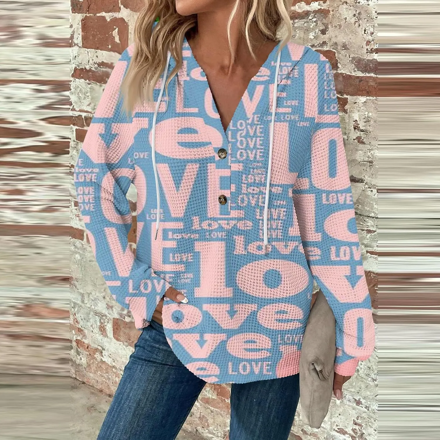 Hoodies For Women Trendy Long Sleeve V Neck Buttons Shirts Fashion Pullover Waffle Kint Tops Oversized Sweatshirts