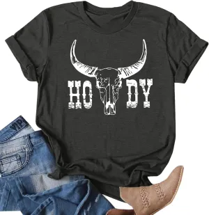 Howdy Shirt Women Cow Skull Shirt Western Country T Shirts Vintage Cowgirl Shirts Casual Short Sleeve Tee Tops