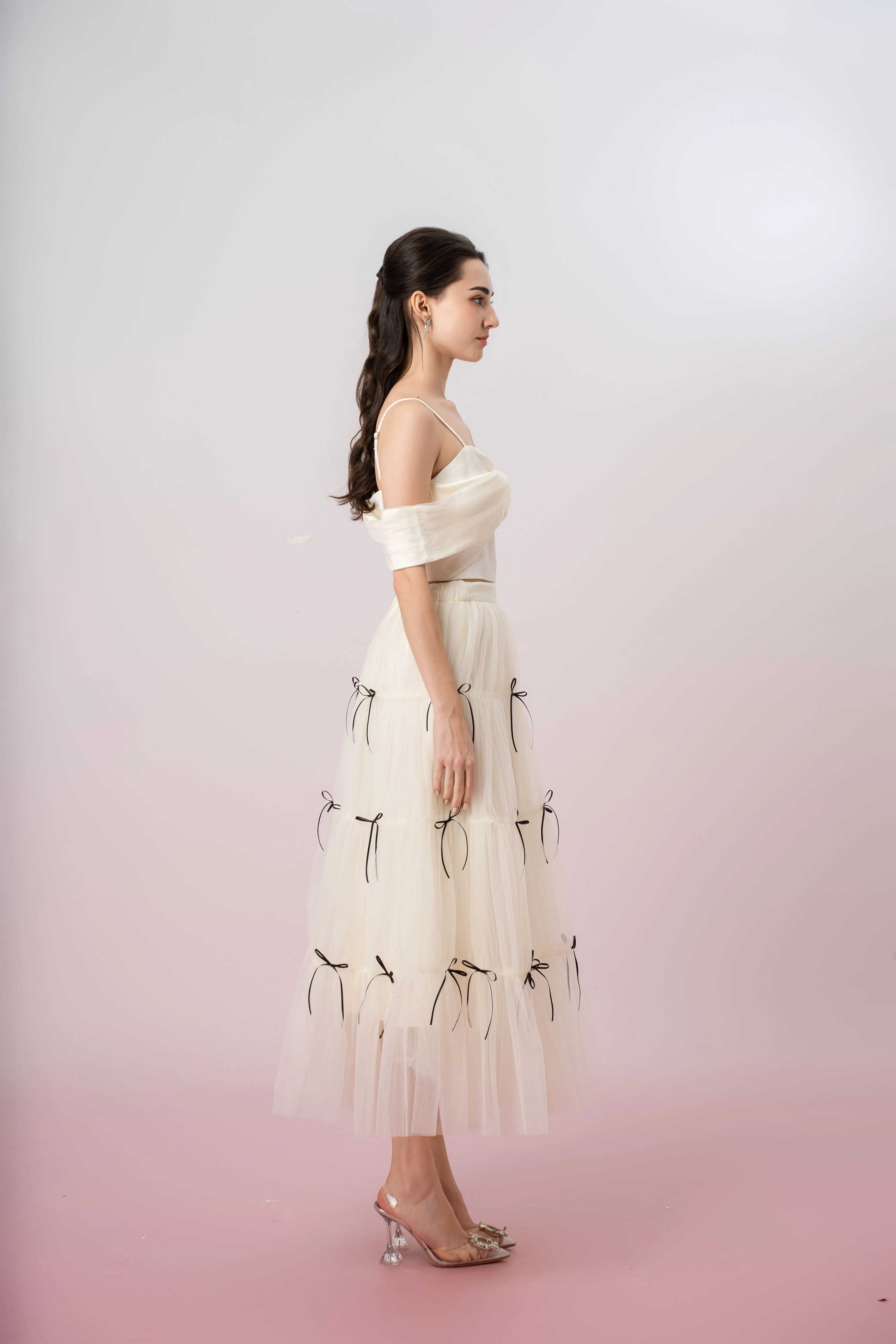 Huguette Cream Mesh With Ribbon Skirt