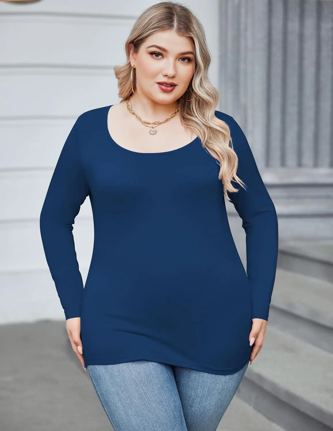 IN'VOLAND Women's Plus Size Long Sleeve Shirts Scoop Neck Slim Fitted T Shirt Stretchy Bodycon Basic Tee Tops