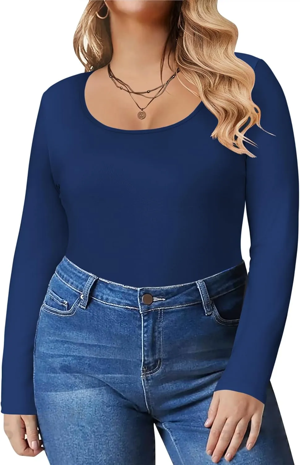 IN'VOLAND Women's Plus Size Long Sleeve Shirts Scoop Neck Slim Fitted T Shirt Stretchy Bodycon Basic Tee Tops