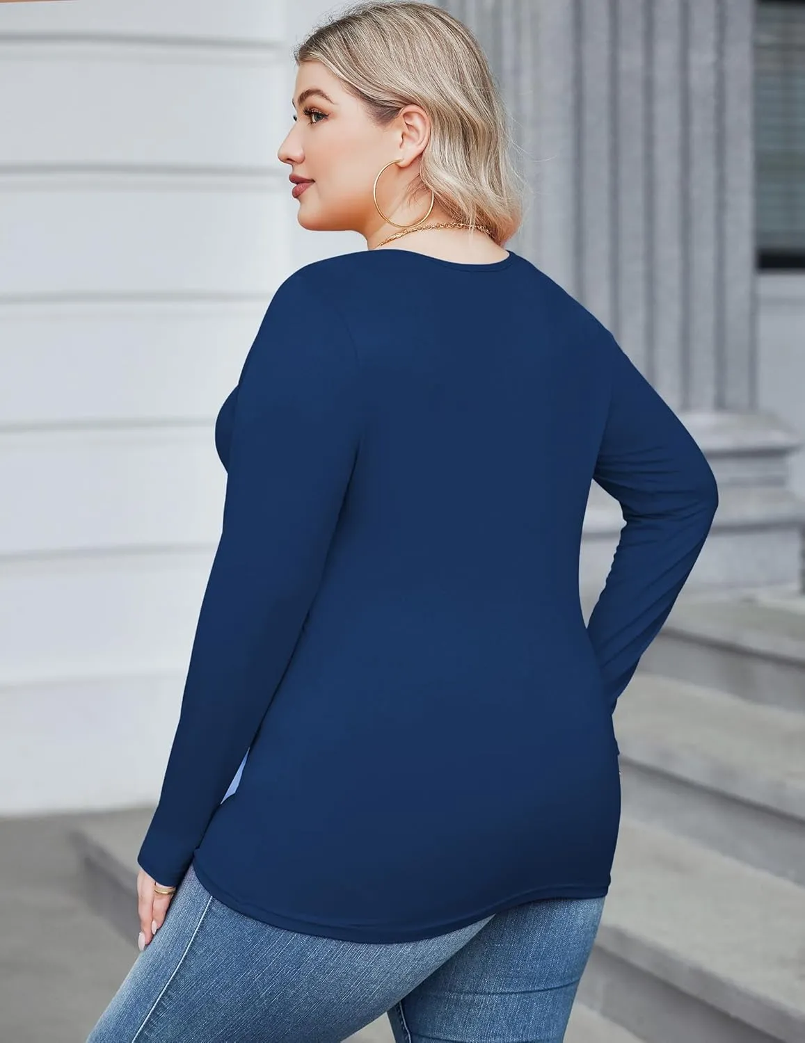 IN'VOLAND Women's Plus Size Long Sleeve Shirts Scoop Neck Slim Fitted T Shirt Stretchy Bodycon Basic Tee Tops