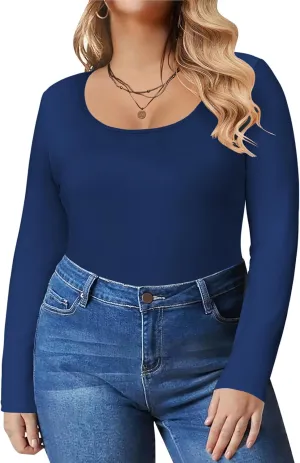 IN'VOLAND Women's Plus Size Long Sleeve Shirts Scoop Neck Slim Fitted T Shirt Stretchy Bodycon Basic Tee Tops