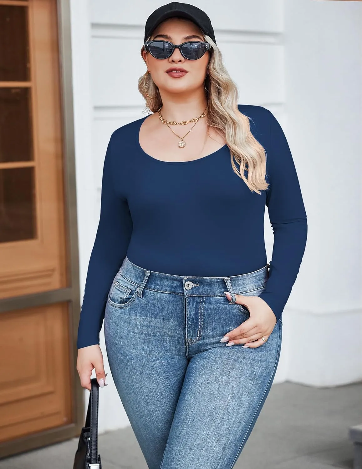 IN'VOLAND Women's Plus Size Long Sleeve Shirts Scoop Neck Slim Fitted T Shirt Stretchy Bodycon Basic Tee Tops