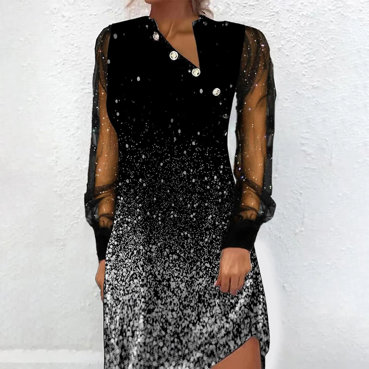 IVERIRMIN Women's Sheer Mesh Long Sleeve Dress Sexy V Neck Glitter Star Midi Dresses Plus Size Print Party Long Dress