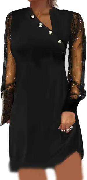 IVERIRMIN Women's Sheer Mesh Long Sleeve Dress Sexy V Neck Glitter Star Midi Dresses Plus Size Print Party Long Dress