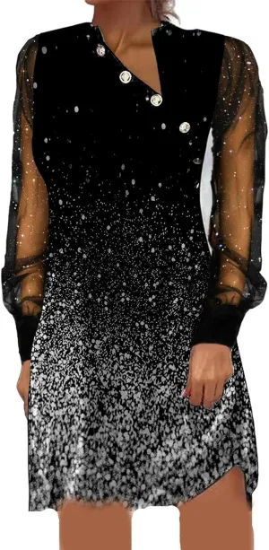 IVERIRMIN Women's Sheer Mesh Long Sleeve Dress Sexy V Neck Glitter Star Midi Dresses Plus Size Print Party Long Dress