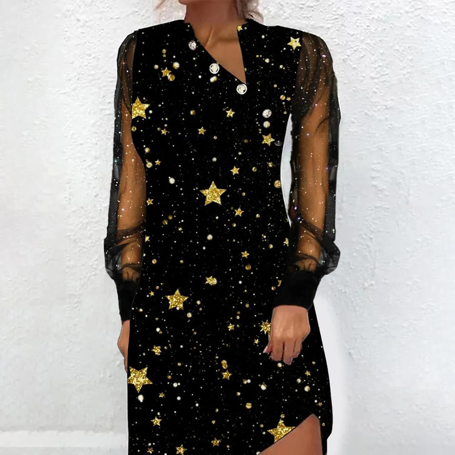 IVERIRMIN Women's Sheer Mesh Long Sleeve Dress Sexy V Neck Glitter Star Midi Dresses Plus Size Print Party Long Dress