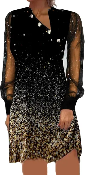 IVERIRMIN Women's Sheer Mesh Long Sleeve Dress Sexy V Neck Glitter Star Midi Dresses Plus Size Print Party Long Dress