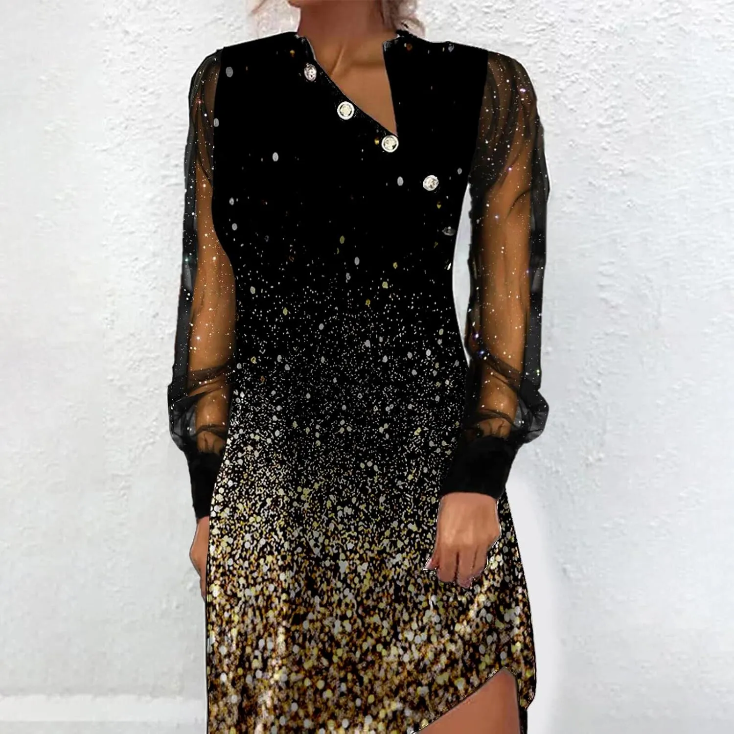 IVERIRMIN Women's Sheer Mesh Long Sleeve Dress Sexy V Neck Glitter Star Midi Dresses Plus Size Print Party Long Dress