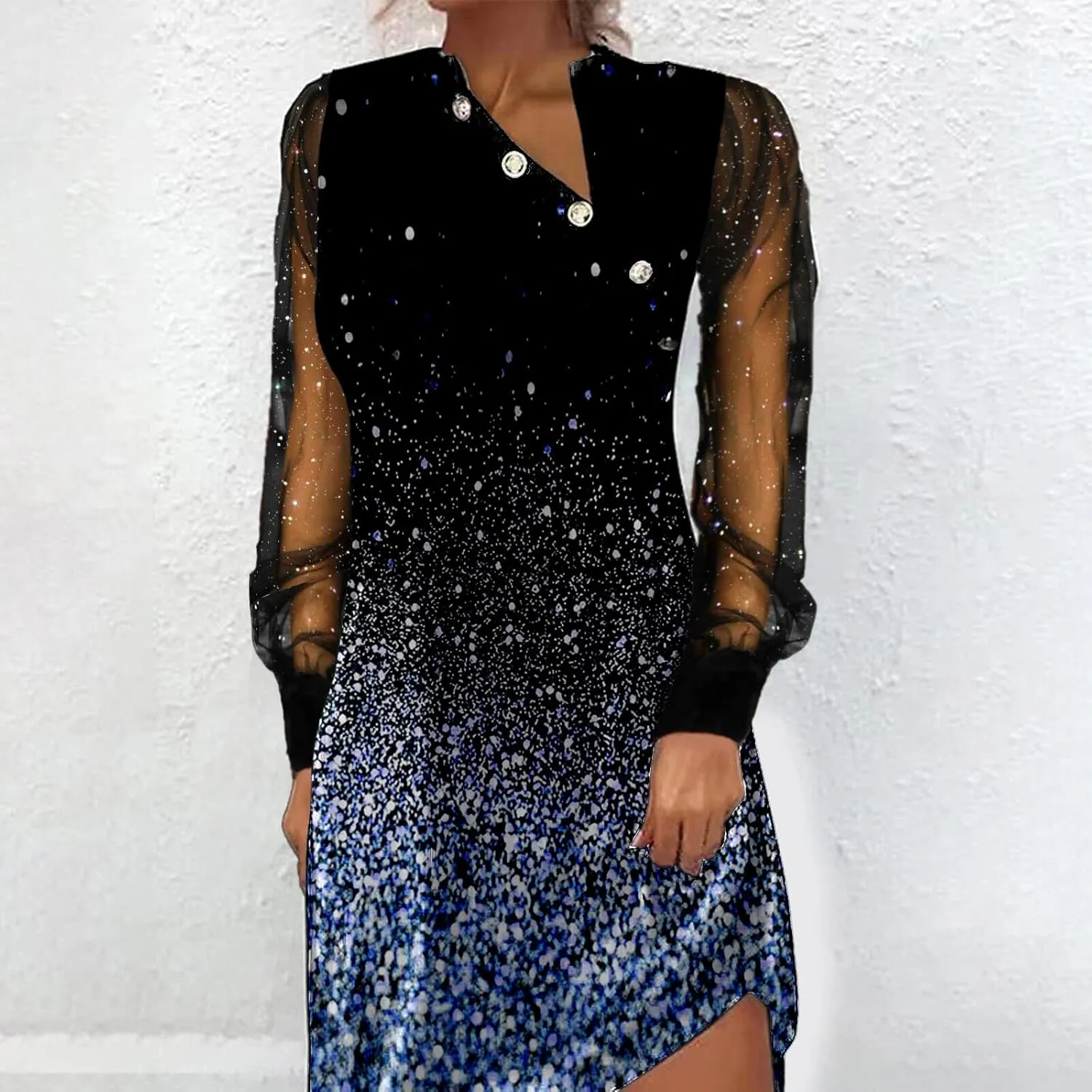 IVERIRMIN Women's Sheer Mesh Long Sleeve Dress Sexy V Neck Glitter Star Midi Dresses Plus Size Print Party Long Dress