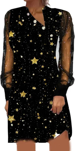 IVERIRMIN Women's Sheer Mesh Long Sleeve Dress Sexy V Neck Glitter Star Midi Dresses Plus Size Print Party Long Dress