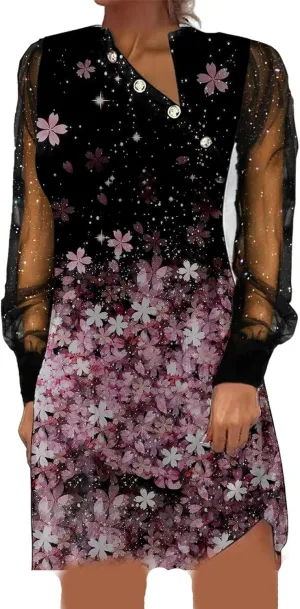 IVERIRMIN Women's Sheer Mesh Long Sleeve Dress Sexy V Neck Glitter Star Midi Dresses Plus Size Print Party Long Dress
