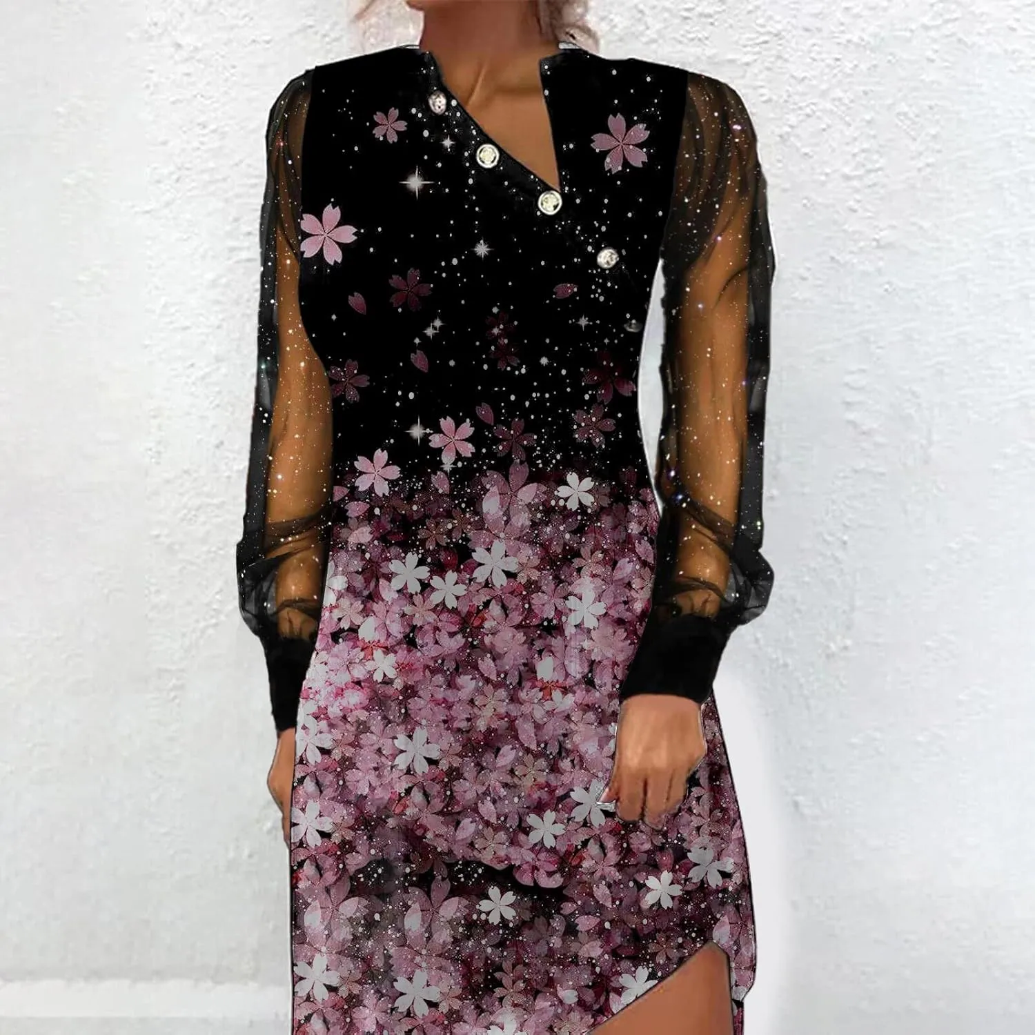 IVERIRMIN Women's Sheer Mesh Long Sleeve Dress Sexy V Neck Glitter Star Midi Dresses Plus Size Print Party Long Dress