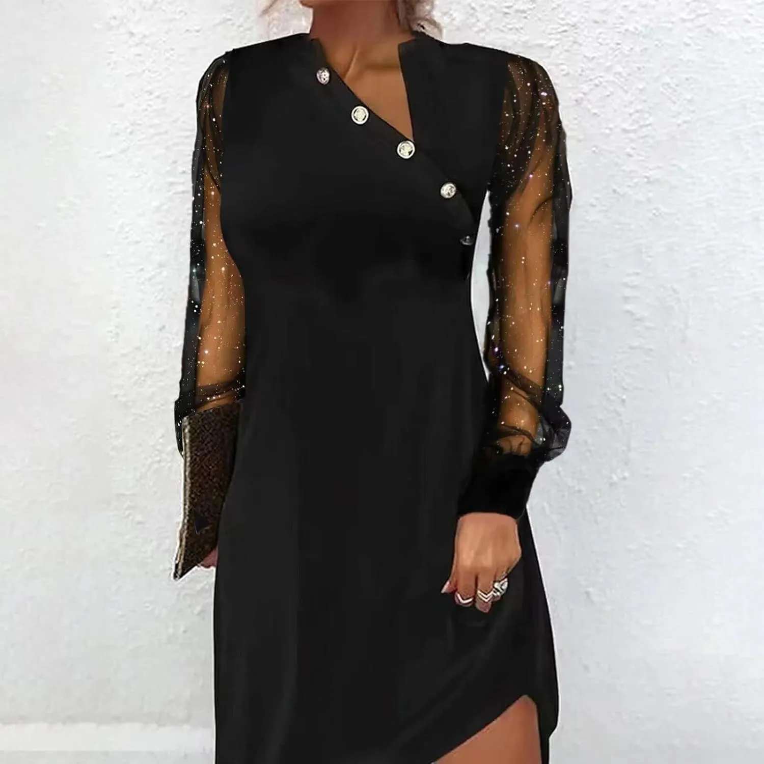IVERIRMIN Women's Sheer Mesh Long Sleeve Dress Sexy V Neck Glitter Star Midi Dresses Plus Size Print Party Long Dress