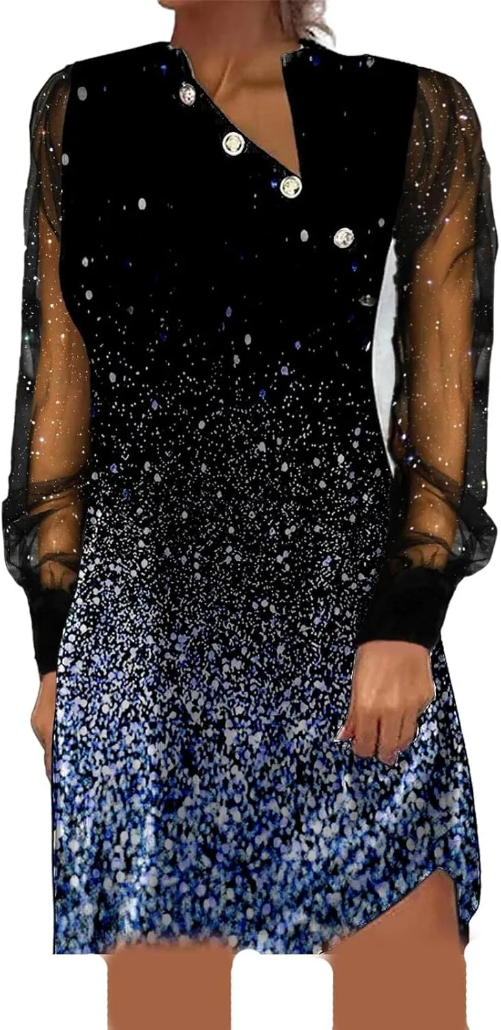 IVERIRMIN Women's Sheer Mesh Long Sleeve Dress Sexy V Neck Glitter Star Midi Dresses Plus Size Print Party Long Dress