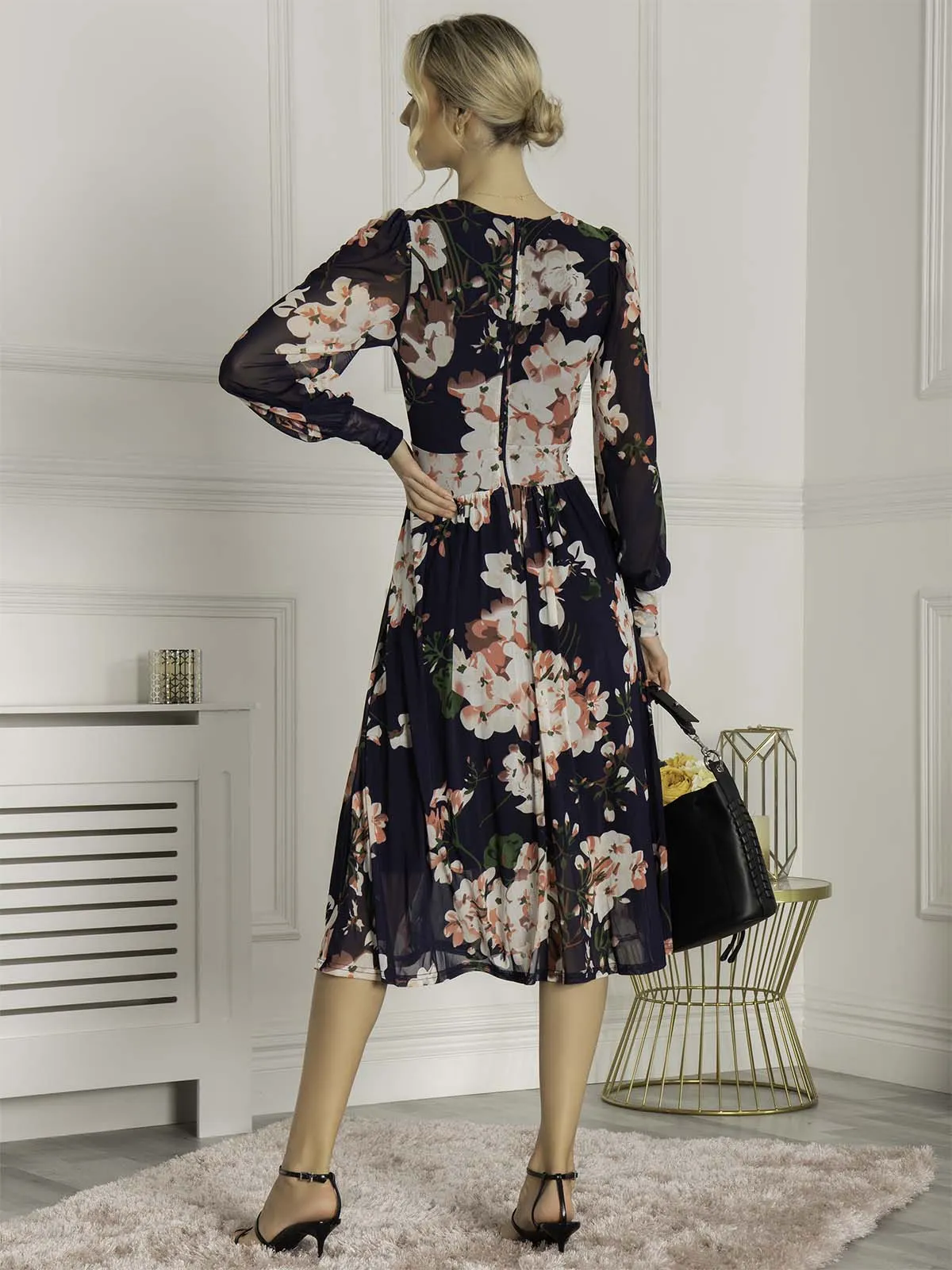 Jasmine Long Sleeve Mesh Dress, Navy Floral