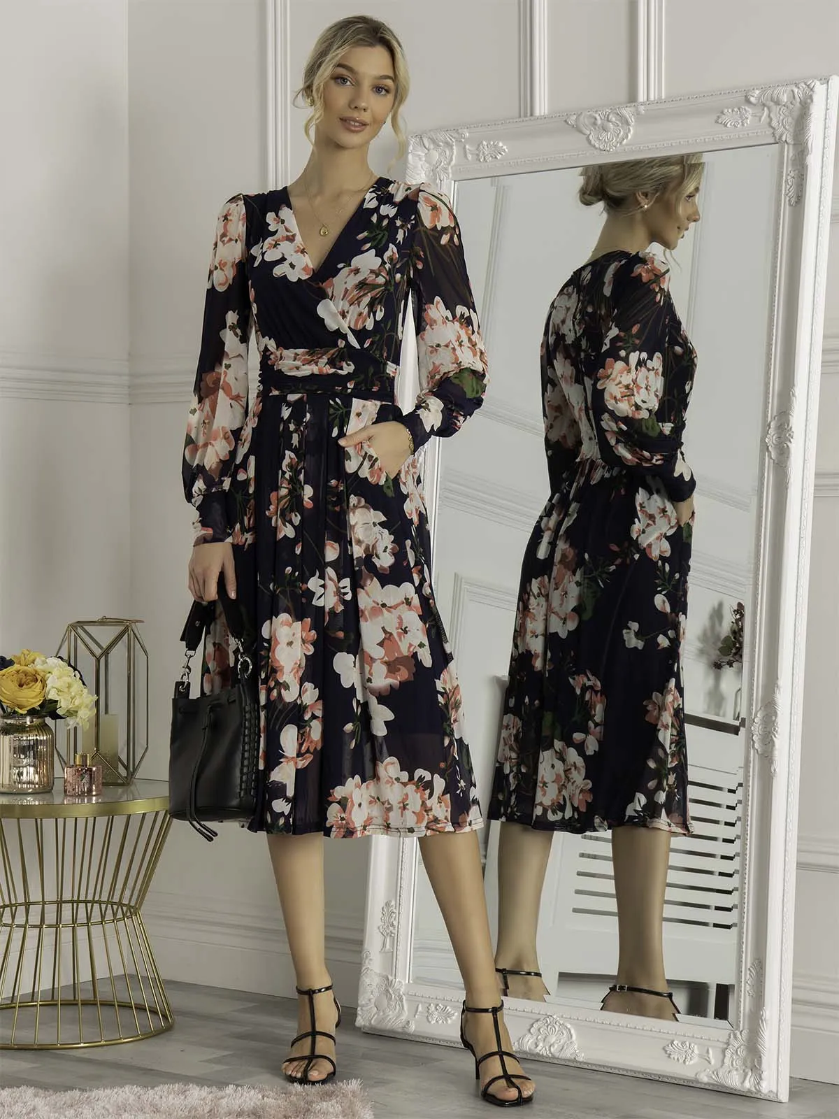 Jasmine Long Sleeve Mesh Dress, Navy Floral
