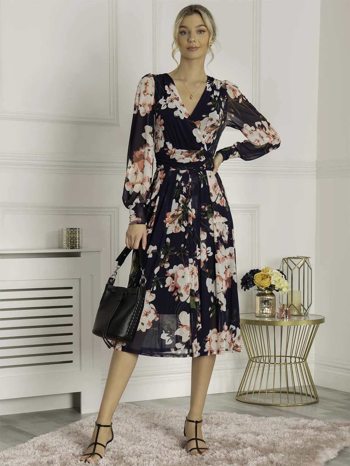 Jasmine Long Sleeve Mesh Dress, Navy Floral