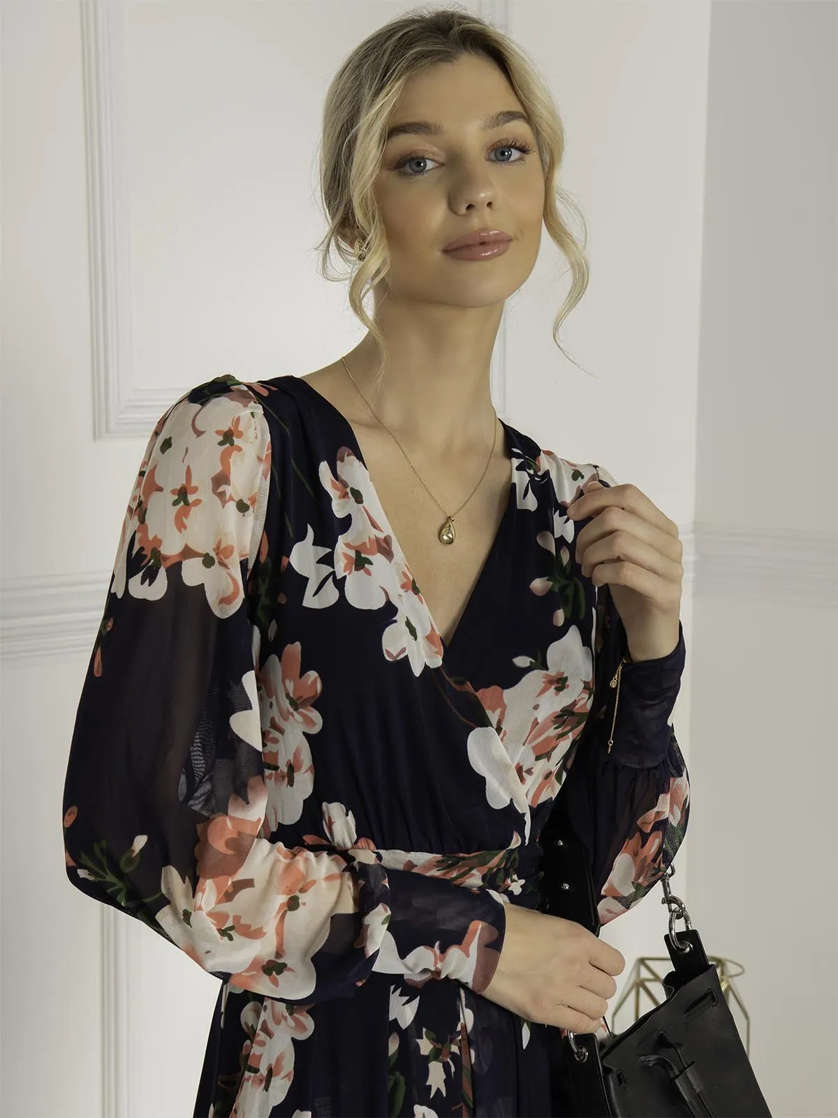 Jasmine Long Sleeve Mesh Dress, Navy Floral