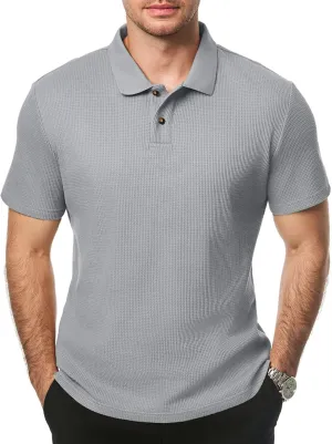 JMIERR Men's Waffle Polo Shirts Summer Casual Short Sleeve T-Shirt Button Up Solid Color Henley Shirts