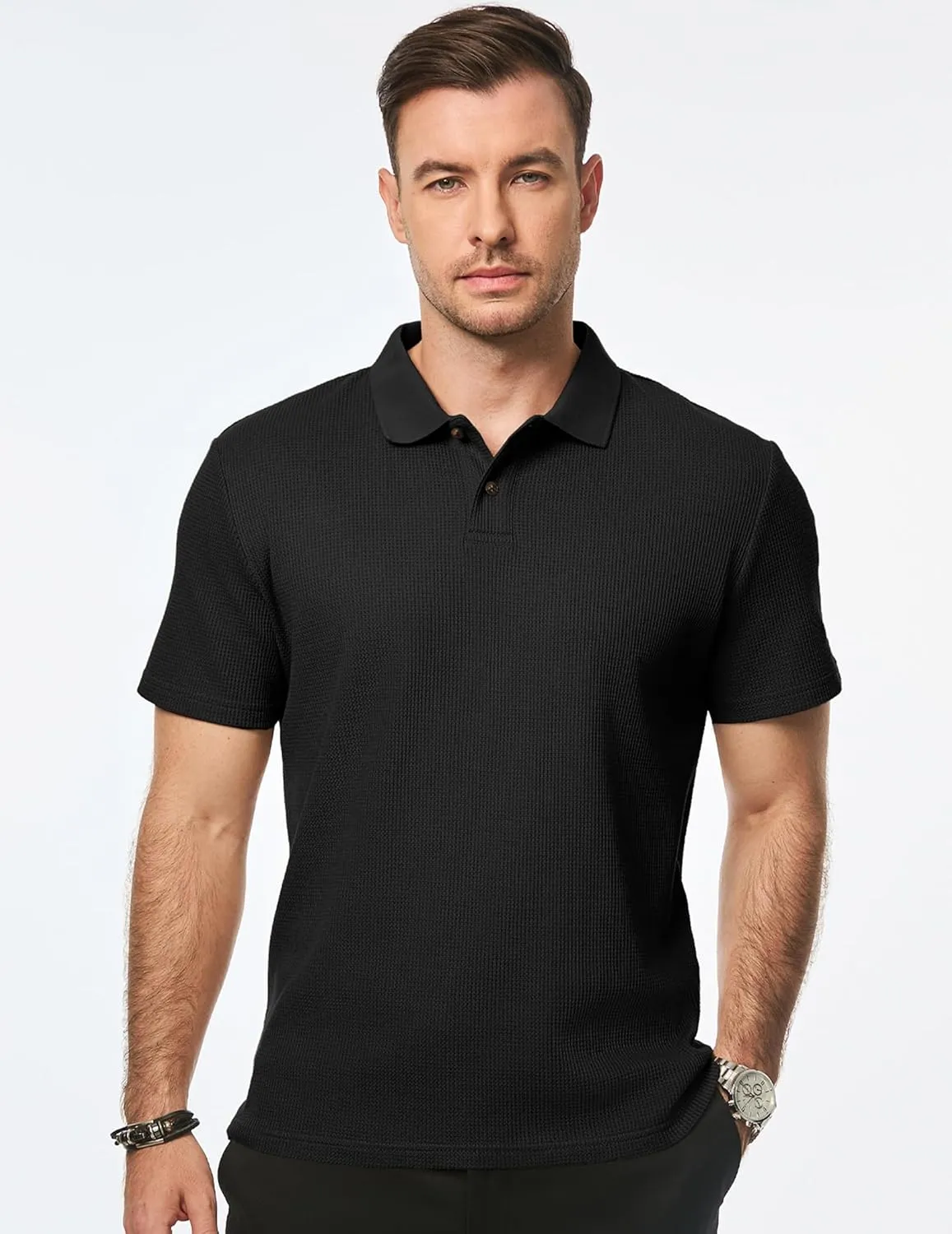 JMIERR Men's Waffle Polo Shirts Summer Casual Short Sleeve T-Shirt Button Up Solid Color Henley Shirts