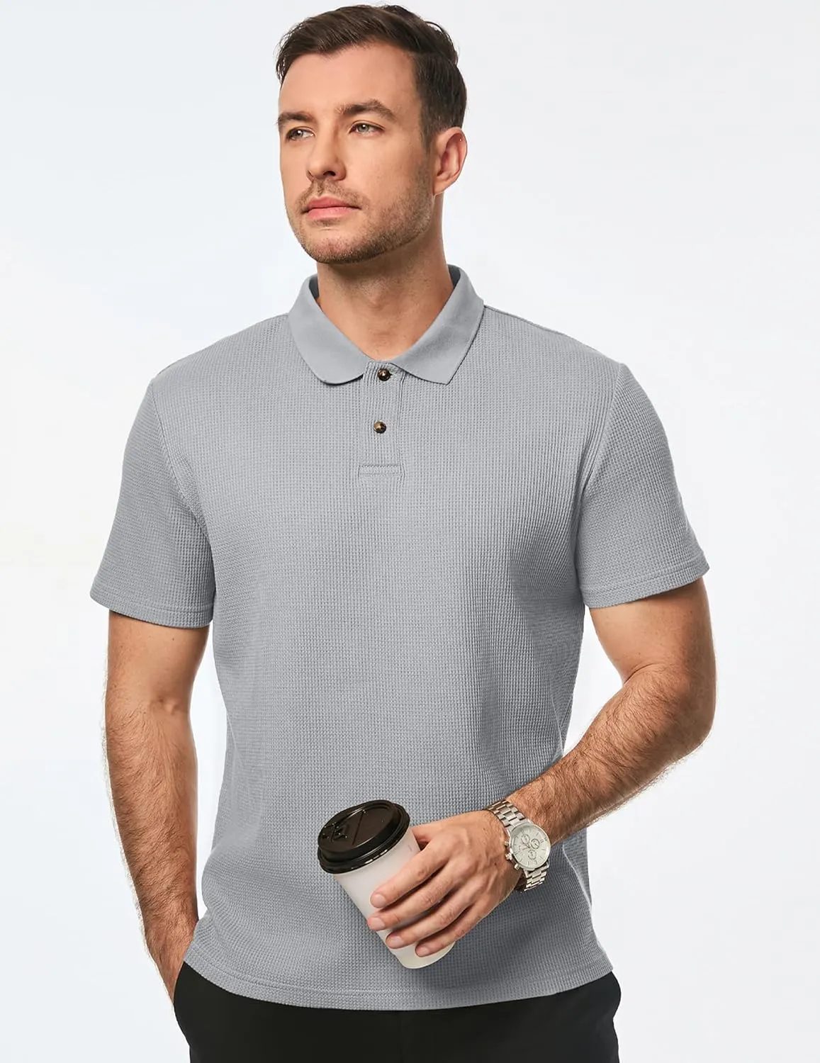 JMIERR Men's Waffle Polo Shirts Summer Casual Short Sleeve T-Shirt Button Up Solid Color Henley Shirts