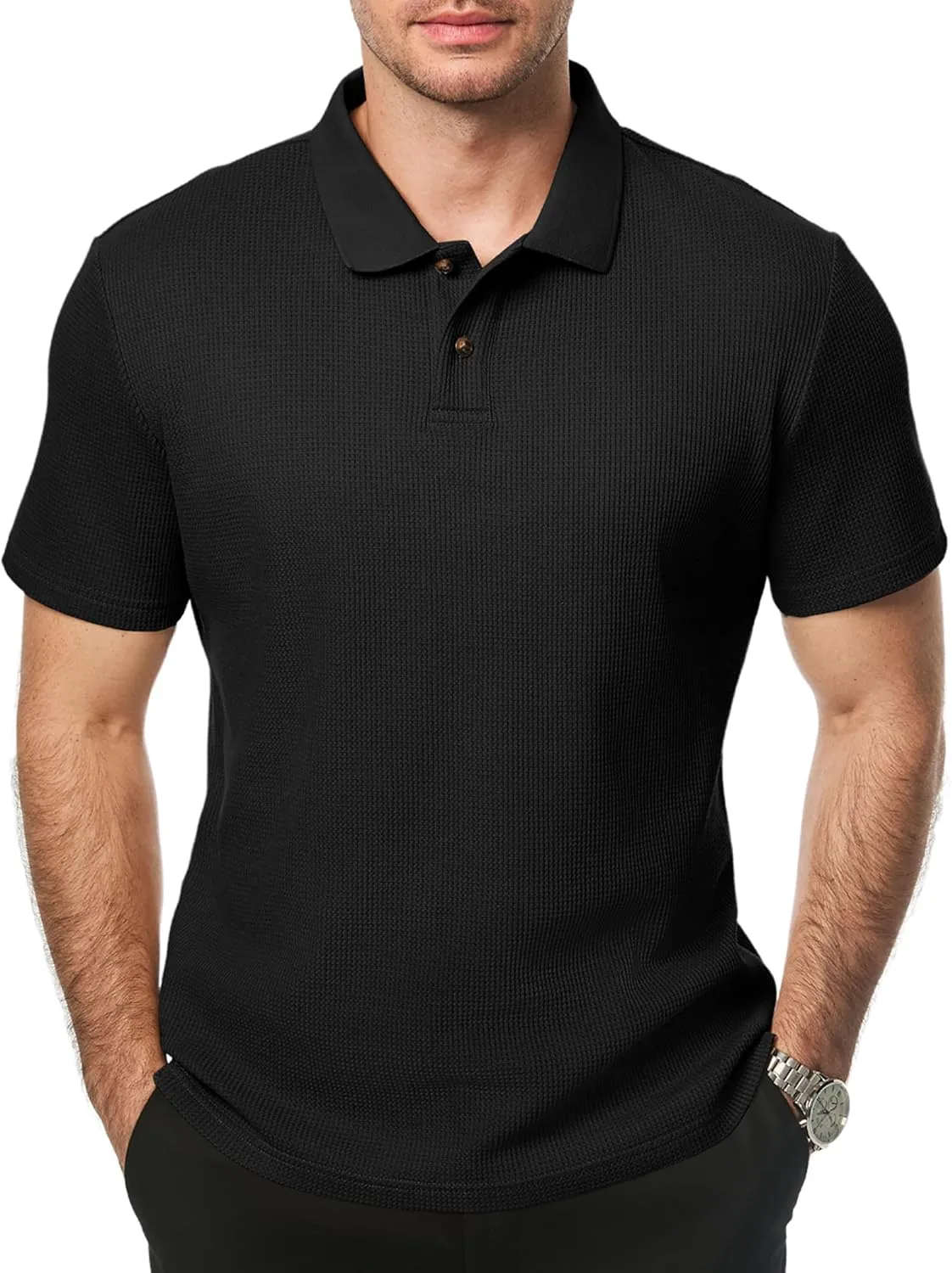 JMIERR Men's Waffle Polo Shirts Summer Casual Short Sleeve T-Shirt Button Up Solid Color Henley Shirts