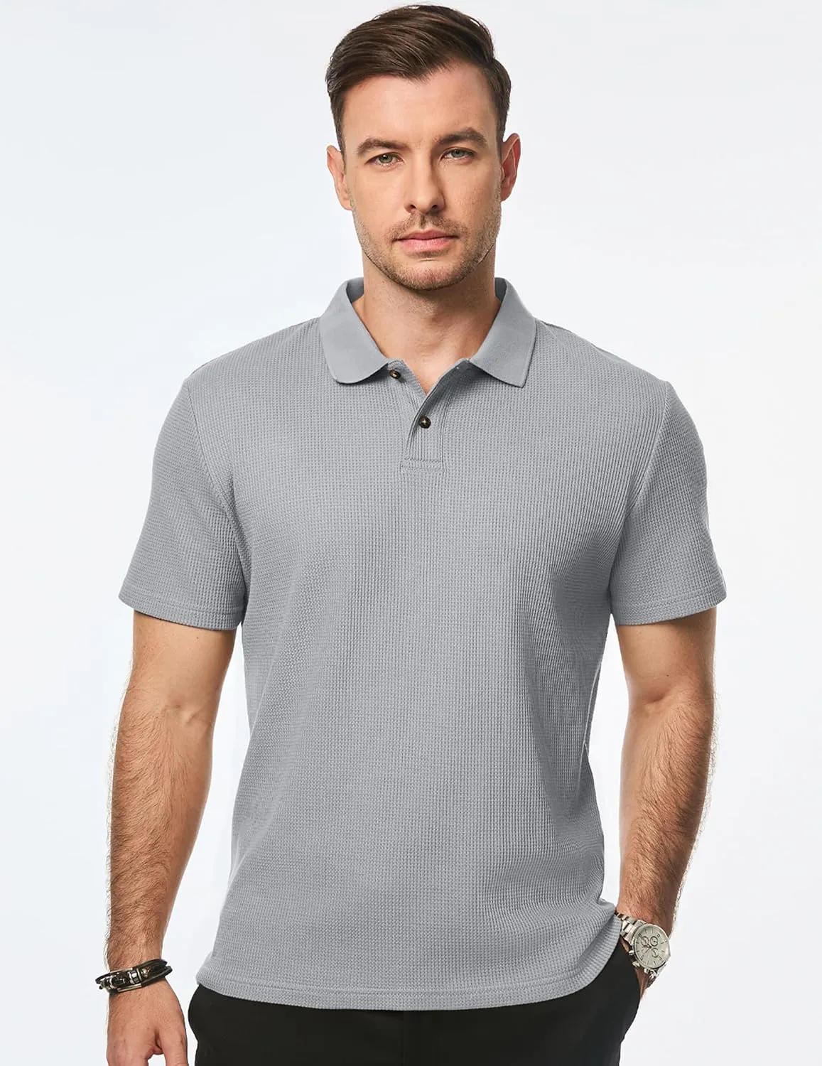 JMIERR Men's Waffle Polo Shirts Summer Casual Short Sleeve T-Shirt Button Up Solid Color Henley Shirts
