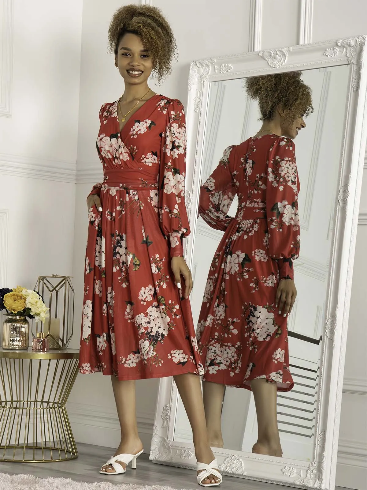 Jolie Moi Jasmine Long Sleeve Mesh Dress, Cerise