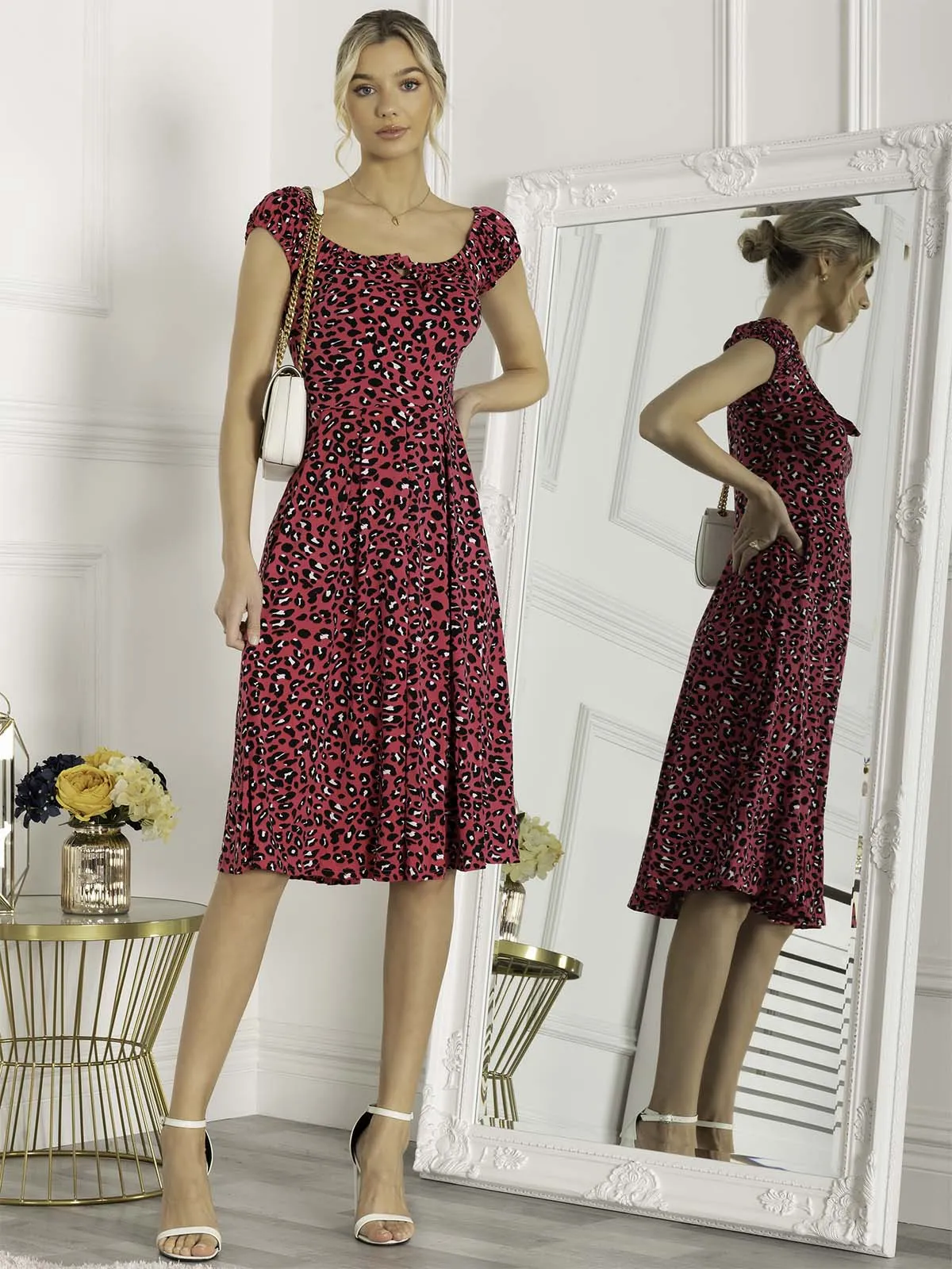 Jolie Moi Lindsey Bow Front Midi Dress, Pink Animal