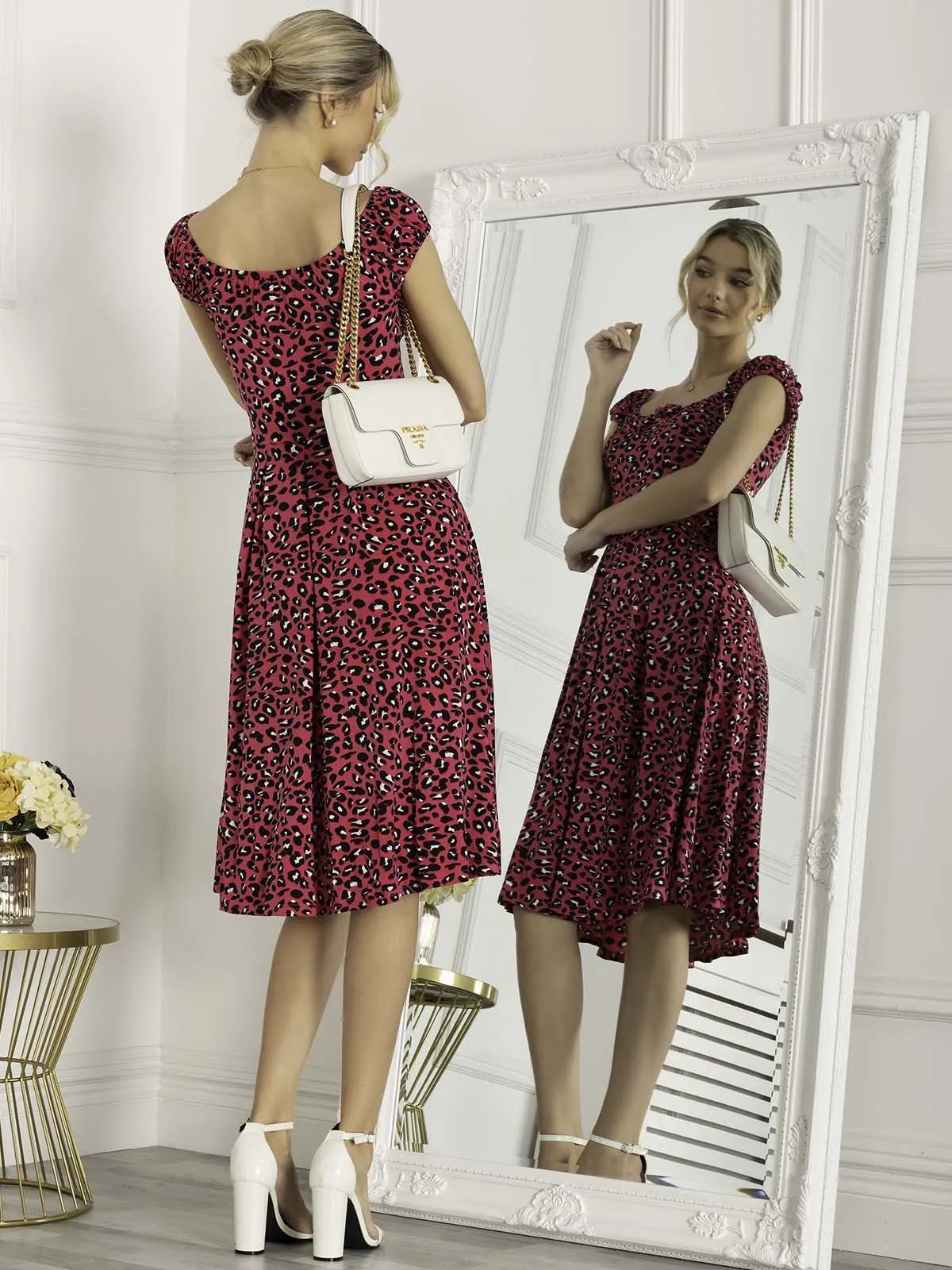 Jolie Moi Lindsey Bow Front Midi Dress, Pink Animal