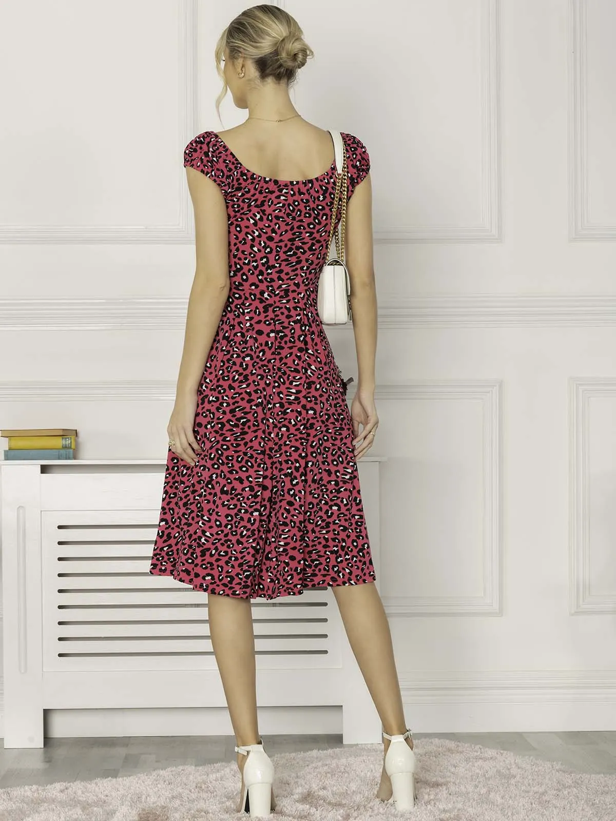 Jolie Moi Lindsey Bow Front Midi Dress, Pink Animal