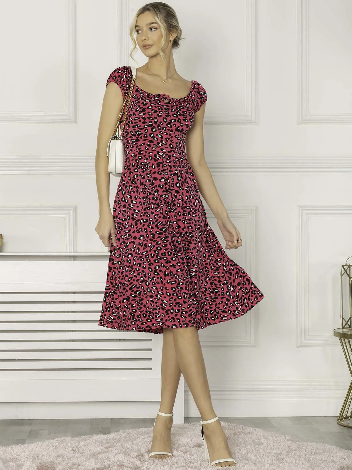 Jolie Moi Lindsey Bow Front Midi Dress, Pink Animal