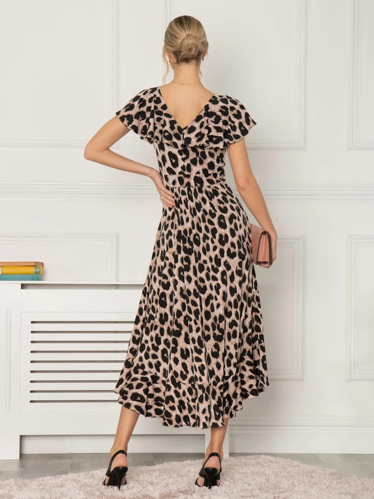 Jolie Moi Luciana Frilly Dipped Hem Dress, Pink Animal