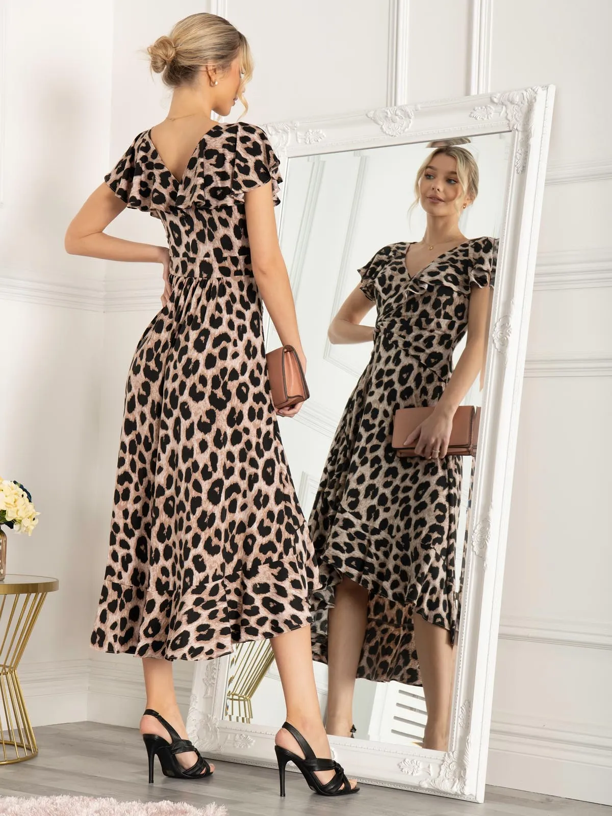 Jolie Moi Luciana Frilly Dipped Hem Dress, Pink Animal