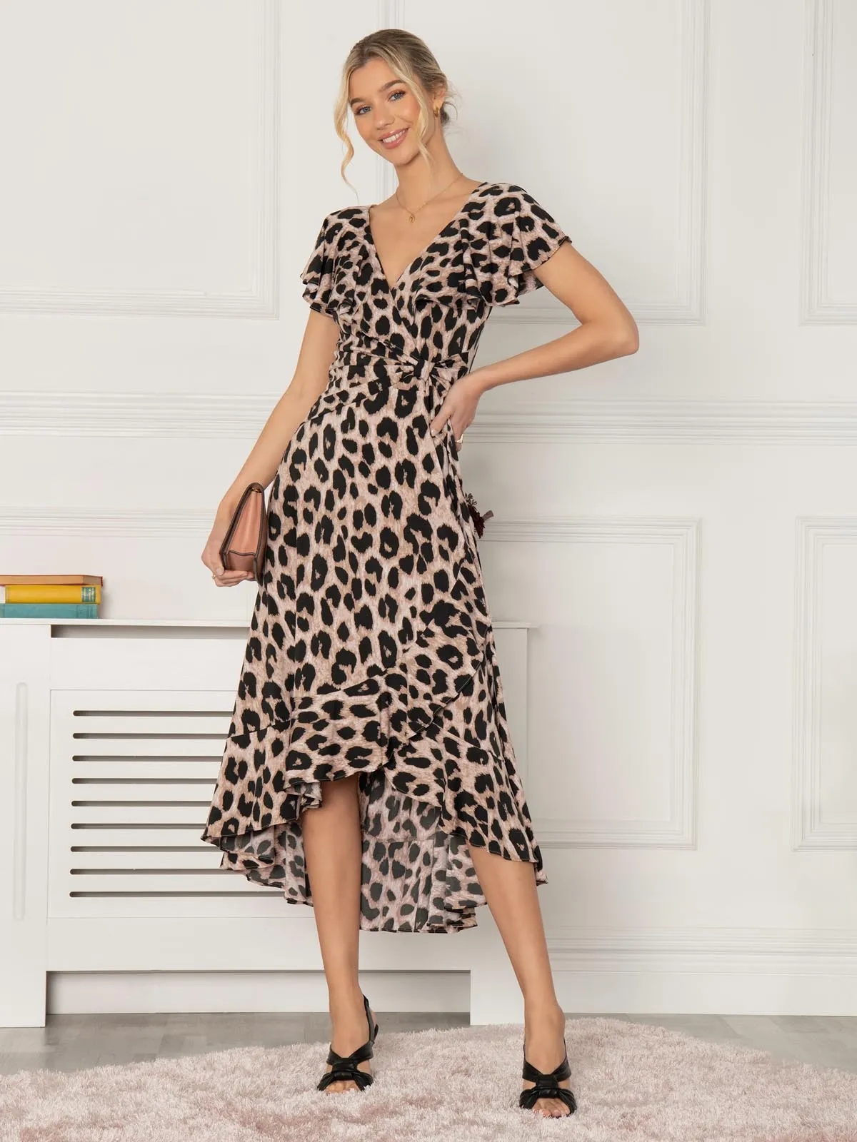 Jolie Moi Luciana Frilly Dipped Hem Dress, Pink Animal