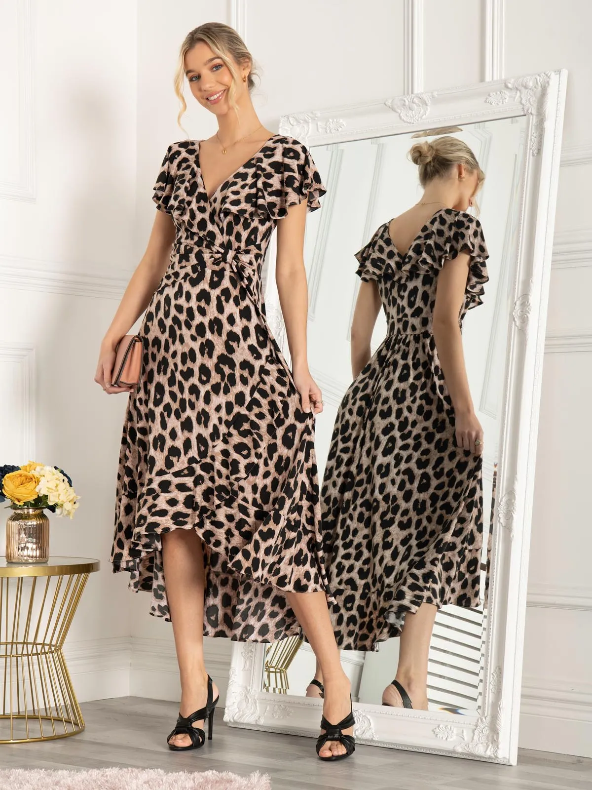Jolie Moi Luciana Frilly Dipped Hem Dress, Pink Animal