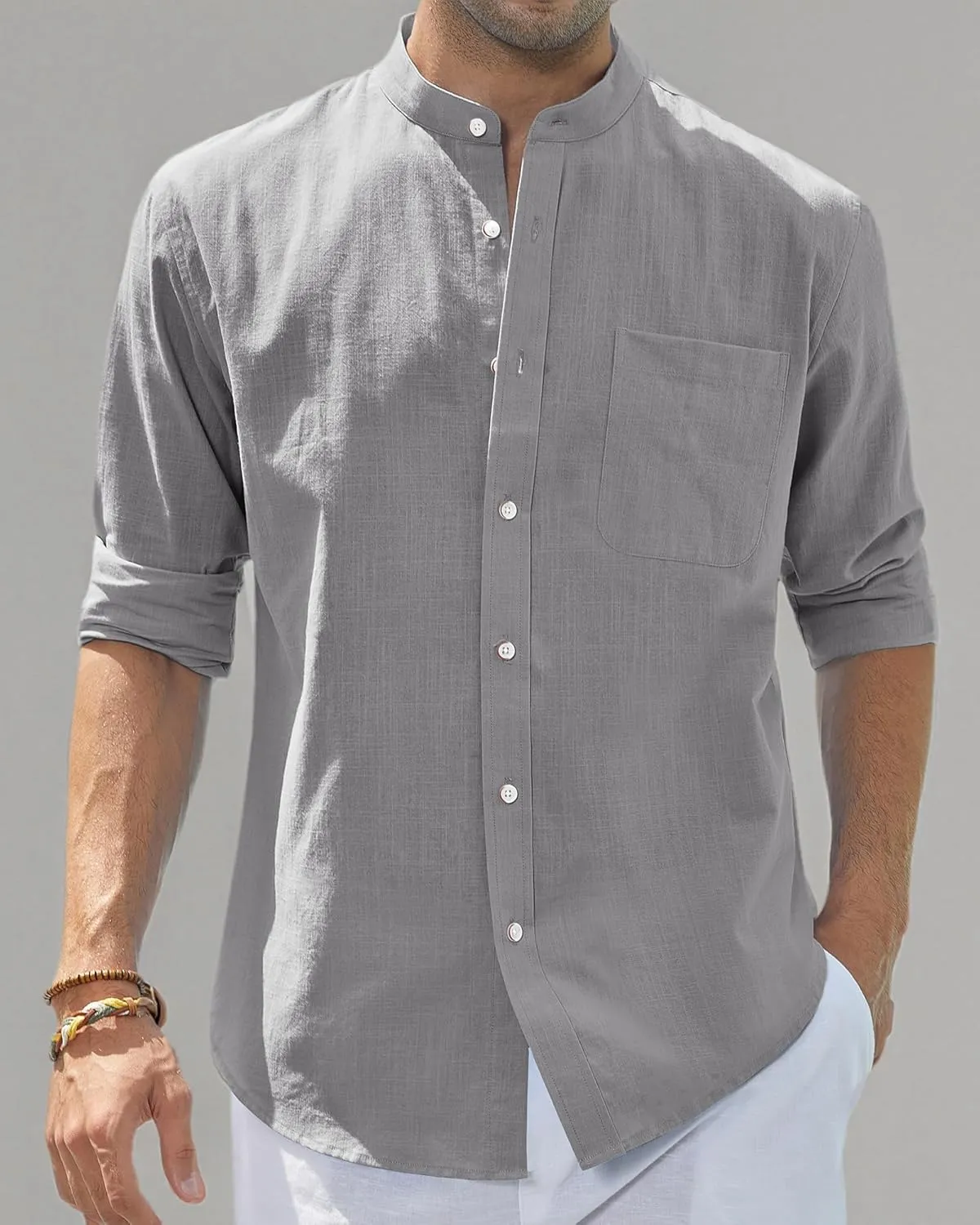 J.VER Men's Cotton Linen Long Sleeve Shirts Casual Button Down Banded Collar Shirt Beach Summer Tops with Pocket