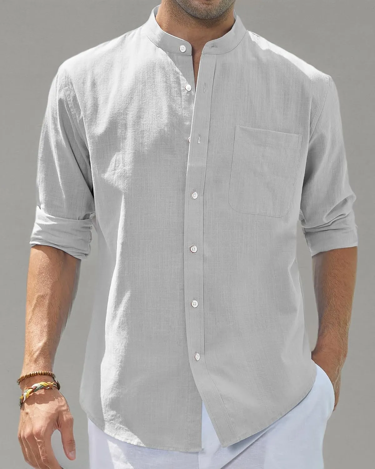 J.VER Men's Cotton Linen Long Sleeve Shirts Casual Button Down Banded Collar Shirt Beach Summer Tops with Pocket