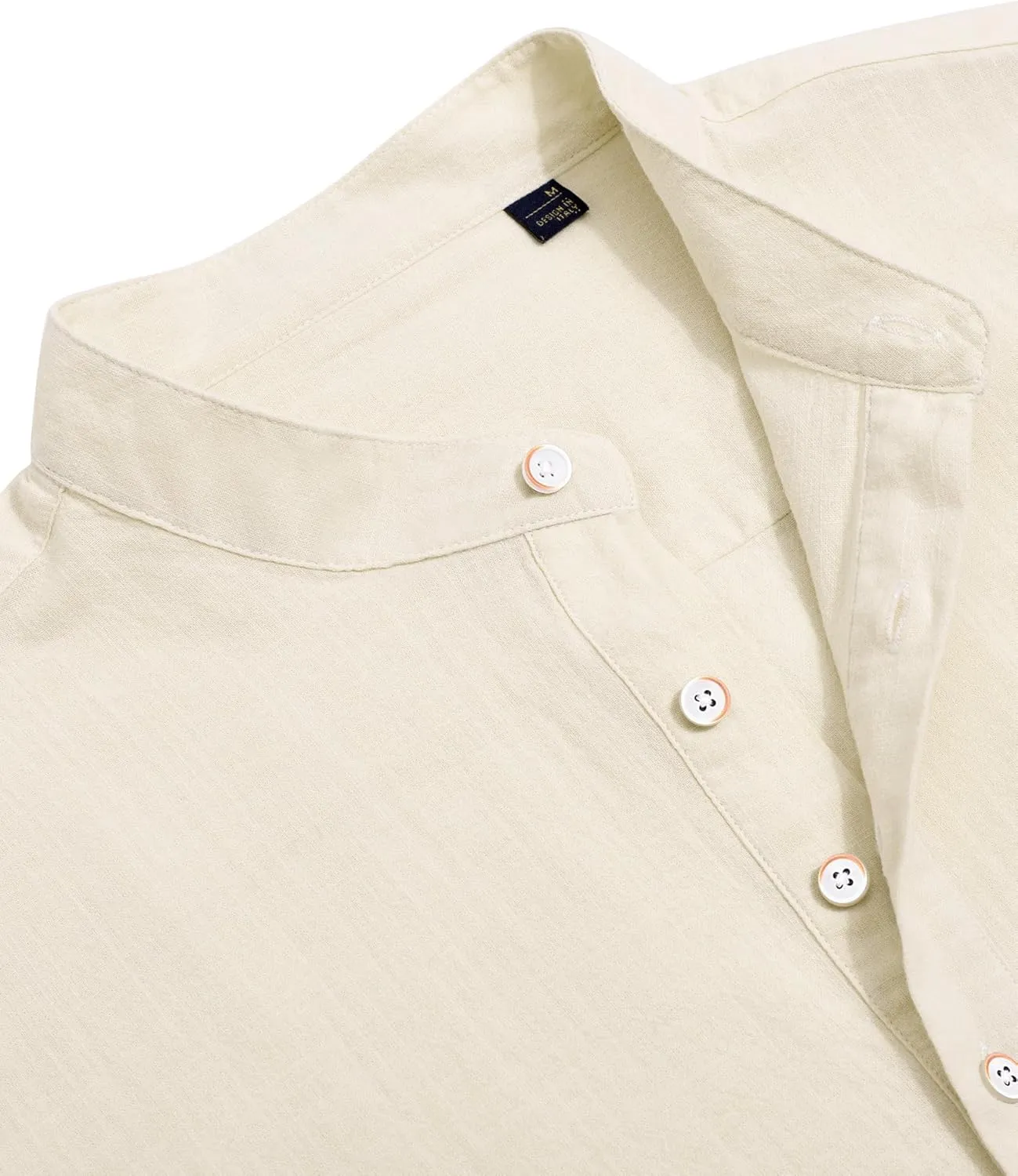 J.VER Men's Cotton Linen Long Sleeve Shirts Casual Button Down Banded Collar Shirt Beach Summer Tops with Pocket