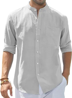 J.VER Men's Cotton Linen Long Sleeve Shirts Casual Button Down Banded Collar Shirt Beach Summer Tops with Pocket