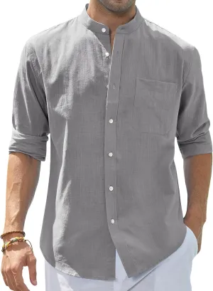J.VER Men's Cotton Linen Long Sleeve Shirts Casual Button Down Banded Collar Shirt Beach Summer Tops with Pocket