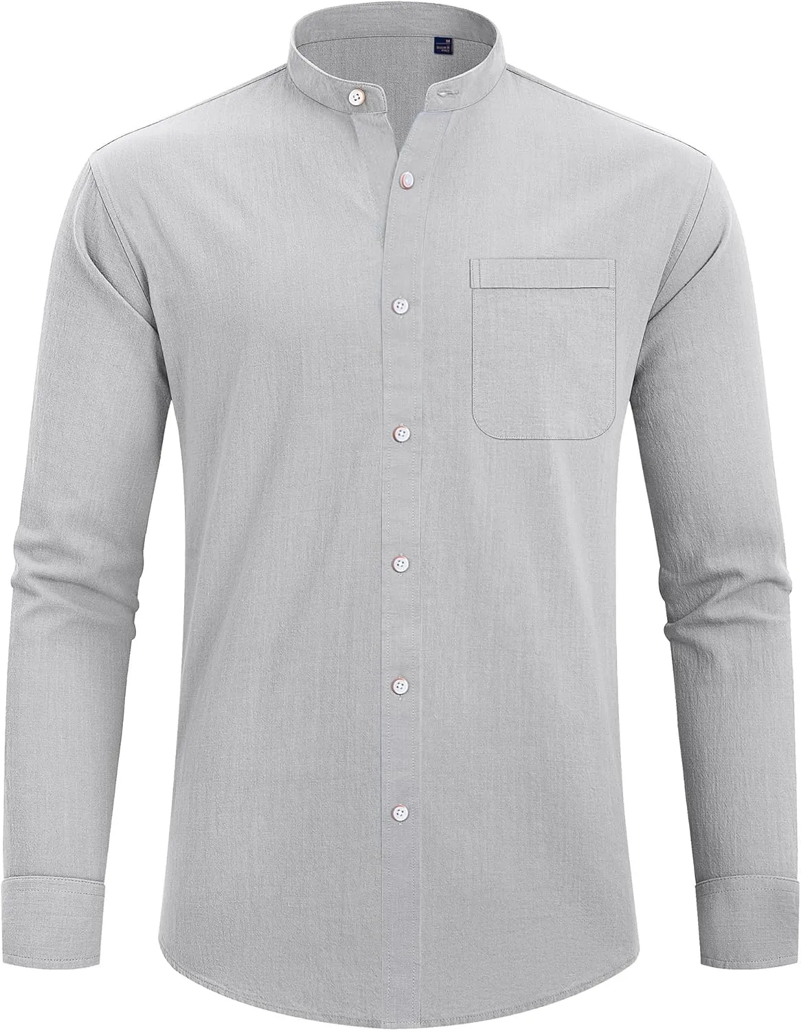 J.VER Men's Cotton Linen Long Sleeve Shirts Casual Button Down Banded Collar Shirt Beach Summer Tops with Pocket