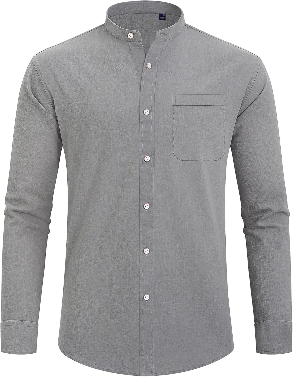 J.VER Men's Cotton Linen Long Sleeve Shirts Casual Button Down Banded Collar Shirt Beach Summer Tops with Pocket
