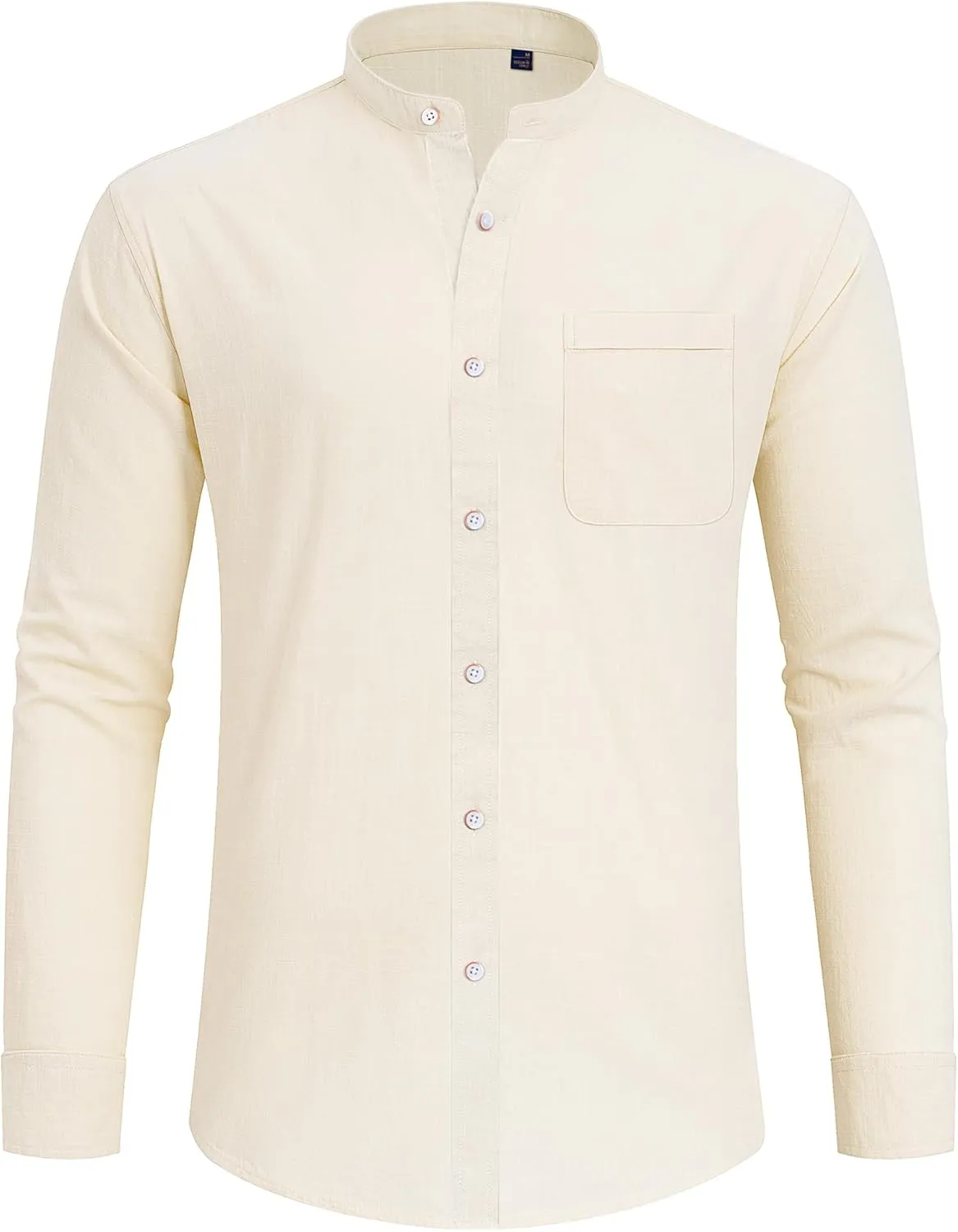 J.VER Men's Cotton Linen Long Sleeve Shirts Casual Button Down Banded Collar Shirt Beach Summer Tops with Pocket
