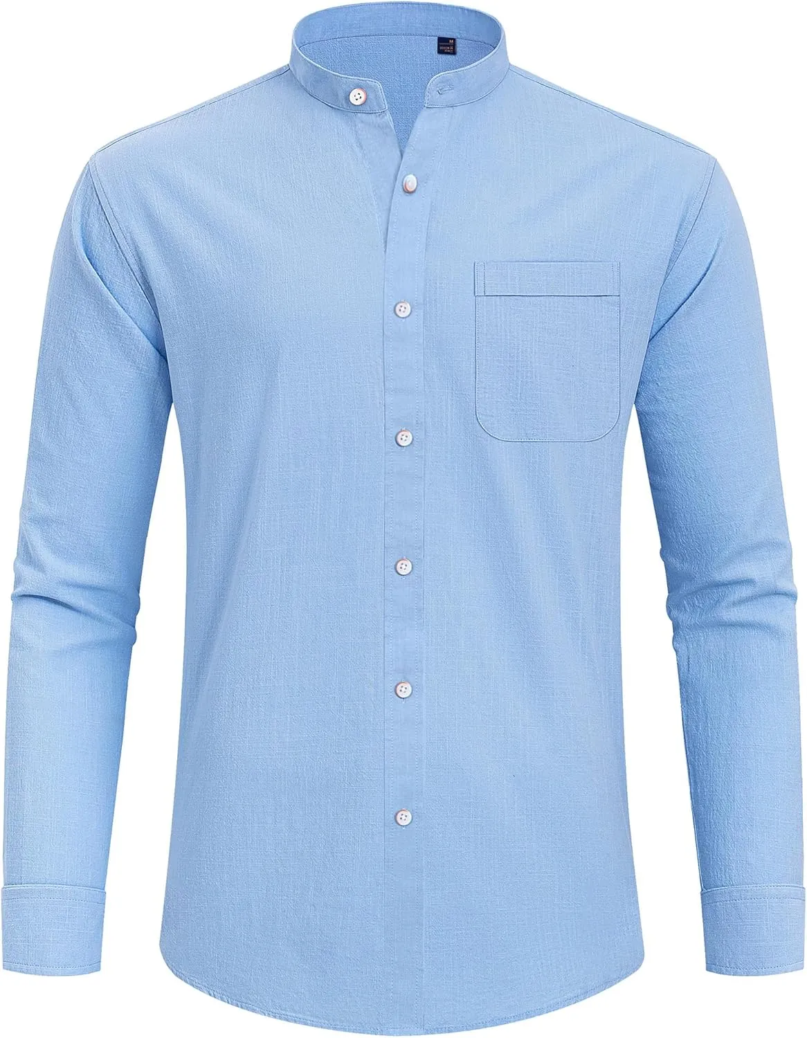 J.VER Men's Cotton Linen Long Sleeve Shirts Casual Button Down Banded Collar Shirt Beach Summer Tops with Pocket