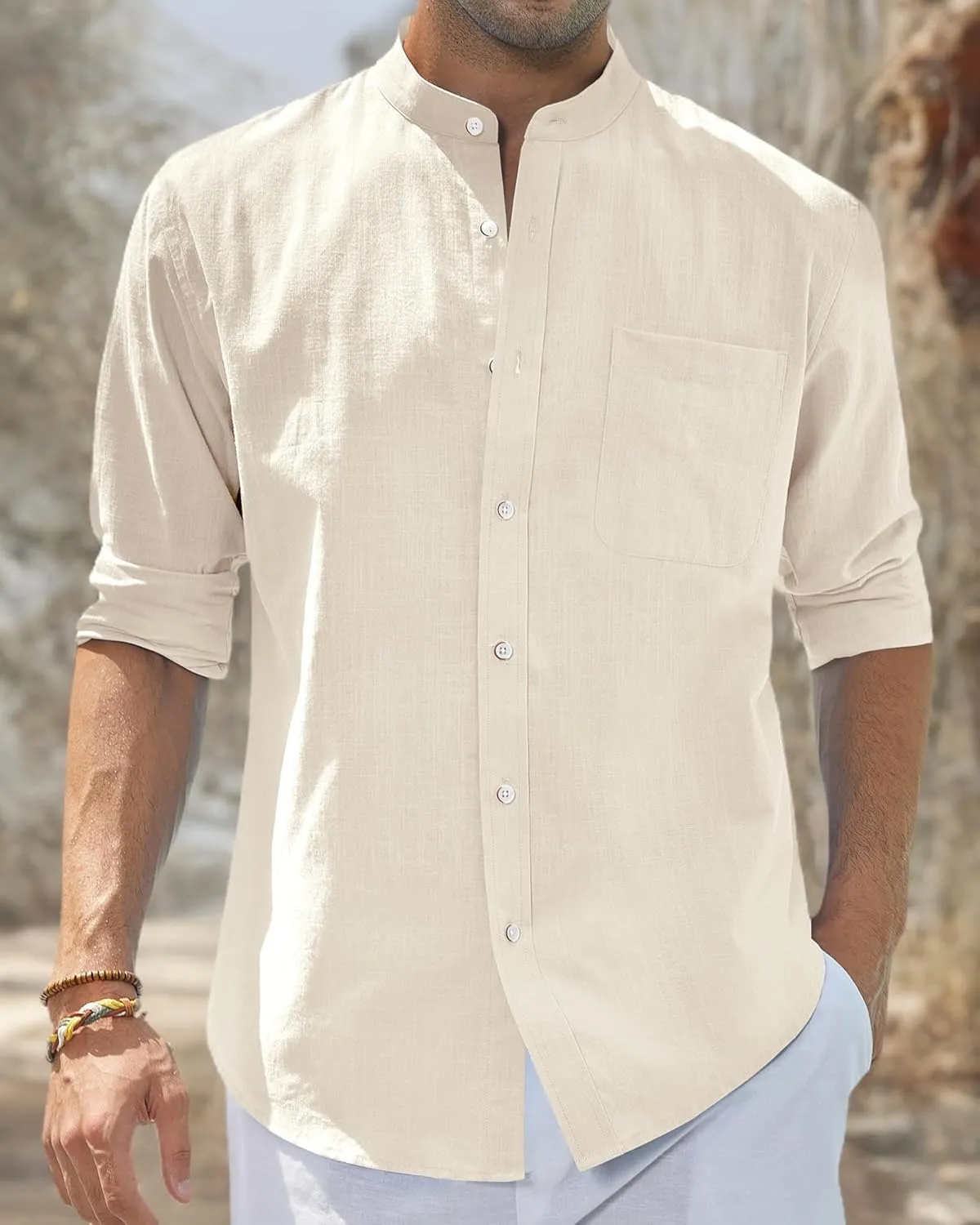 J.VER Men's Cotton Linen Long Sleeve Shirts Casual Button Down Banded Collar Shirt Beach Summer Tops with Pocket