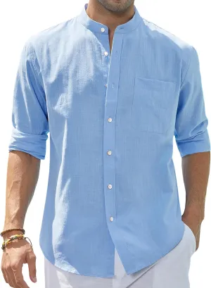 J.VER Men's Cotton Linen Long Sleeve Shirts Casual Button Down Banded Collar Shirt Beach Summer Tops with Pocket
