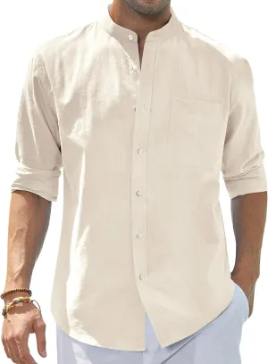 J.VER Men's Cotton Linen Long Sleeve Shirts Casual Button Down Banded Collar Shirt Beach Summer Tops with Pocket